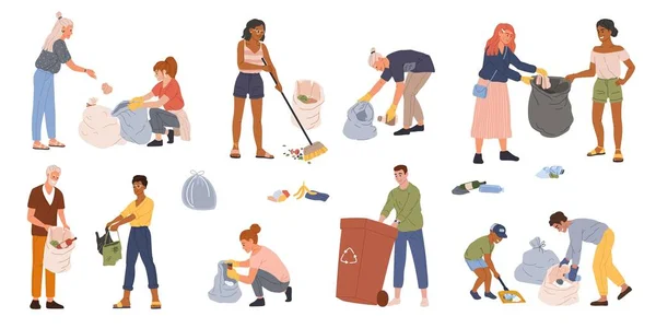 People collecting garbage into trash bags and containers. Men and women volunteers picking up trash, reducing environmental pollution Vector set — стоковый вектор
