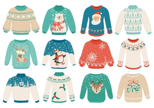 Des pulls moches de bande dessinée. Vêtements d'hiver chauds avec ornements, Père Noël, pingouin, ours blanc. Pull tricoté vacances de Noël et ensemble de vecteur de pullover — Image vectorielle