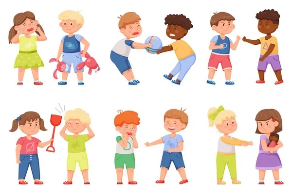 Kid bad behavior. Kids fighting over toys, pushing itch other. Brother bullying sister. Aggressive naughty children behaving badly vector set Royalty Free Stock Vectors