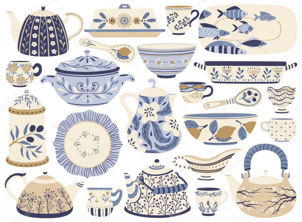 Ceramic pottery. Porcelain teapots, kettles, cups, mugs, bowls, plates, jugs. Faience kitchen crockery or tableware with decorations vector set