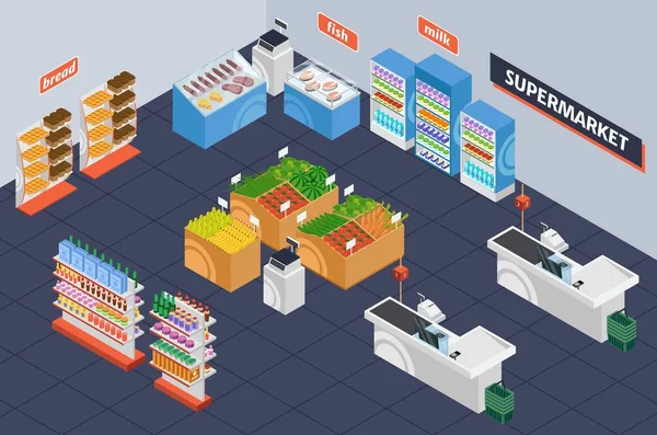 Izometrikus szupermarket. Kiskereskedelmi polc termékekkel. Élelmiszerbolt belső tér pénztár asztal, polcok, vitrin kijelző 3D vektor elrendezése — Stock Vector