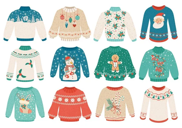 Pull d'hiver dessin animé. Pull moche de Noël avec bonhomme de neige, père Noël, hommes de pain d'épice, ornements. Ensemble vectoriel de vêtements tricotés chauds d'hiver confortable — Image vectorielle