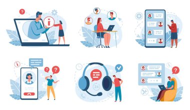 Çevrimiçi destek. Müşteri hizmetleri operatörleri müşterilere yardım ediyor. Yardım hattı, çağrı merkezi, teknik destek, sanal yardımcı konsept vektörü