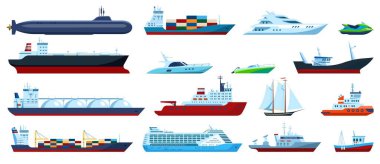 Düz deniz tekneleri. Gemi, kargo gemisi, yat, yelkenli, römorkör, sürat teknesi, denizaltı, balıkçı teknesi. Okyanus yolculuğu taşıyıcı vektörü ayarlandı