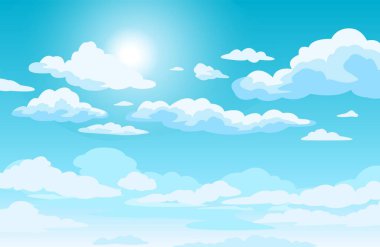 Bulutlu mavi gökyüzü. Anime tarzı arka plan, parlak güneş ve beyaz kabarık bulutlar. Güneşli gün gökyüzü sahne vektör çizimi