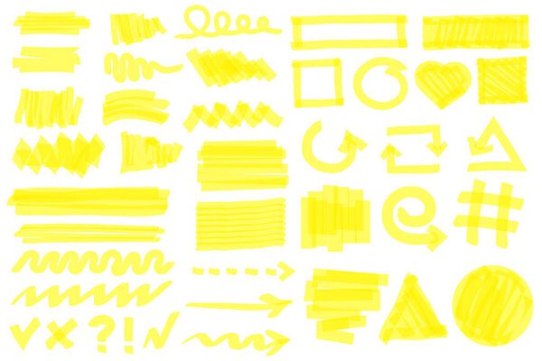 Highlighter strokes. Yellow marker lines, strokes, arrows, frames, circles, checkmarks. Hand drawn permanent markers doodle elements vector set