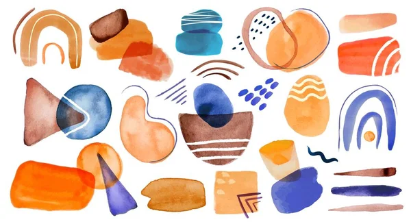 Formes abstraites d'aquarelle. Taches d'aquarelle colorées, lobes, coups de pinceau, motifs. Ensemble vectoriel d'éléments peints à la main minimaliste moderne — Image vectorielle