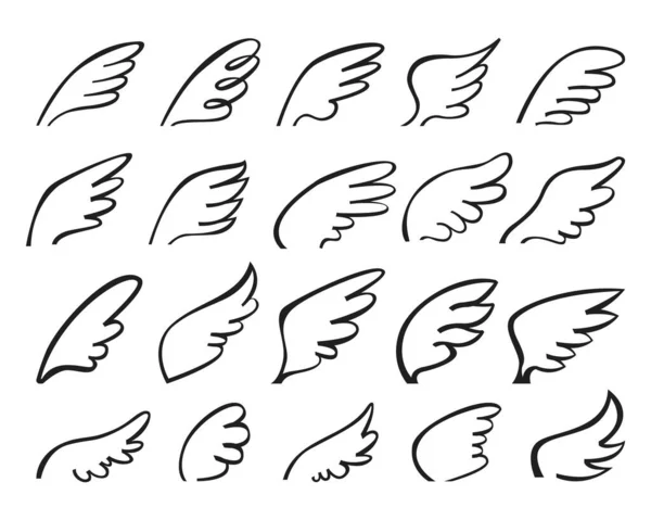 Ícone de asas de anjo desenhado à mão. Os pássaros alados estilizados delineiam o logotipo, esboço de tatuagem de penas de pomba voadora. Conjunto de vetor doodles asa angelical bonito — Vetor de Stock