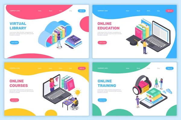 Online education landing page. Isometric learning at home, virtual school, university. Online training courses, digital library concept vector — Stock Vector