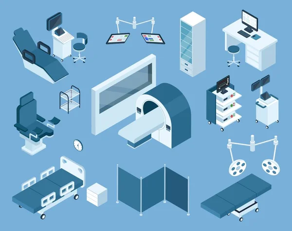 Equipamento médico isométrico. Mri, cama de hospital, dispositivo de monitorização do paciente, scanner de ultra-som. Dispositivos de diagnóstico de saúde conjunto vetorial —  Vetores de Stock