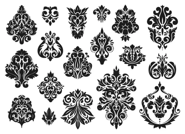 Damask ornaments. Vintage baroque style ornament with floral elements. Classic filigree decorations, old fashioned victorian decor vector set — Stock Vector