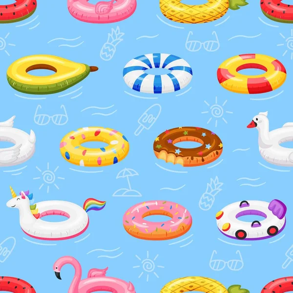 Zwemring naadloos patroon. Kleurrijk opblaasbaar zwembadspeelgoed drijvend op water. Flamingo, eenhoorn, donut zwemringen vector illustratie — Stockvector