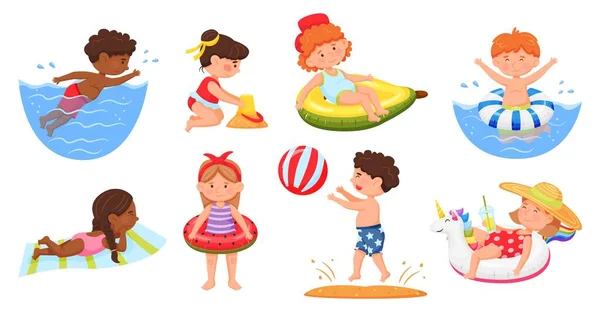 Kids on beach. Boys and girls in swimsuits swimming in sea, building sandcastle. Cartoon joyful children enjoying summer holidays vector set — Stock Vector