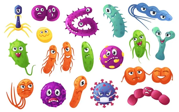 Cartoon bacteriën personages. Leuke bacteriën, bacteriën, virussen met grappige gezichten. Vriendelijke microben en gevaarlijke pathogeen organisme Vector set — Stockvector