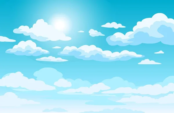 Blauwe lucht met wolken. Anime stijl achtergrond met stralende zon en witte pluizige wolken. Zonnige dag hemel scène cartoon vector illustratie — Stockvector