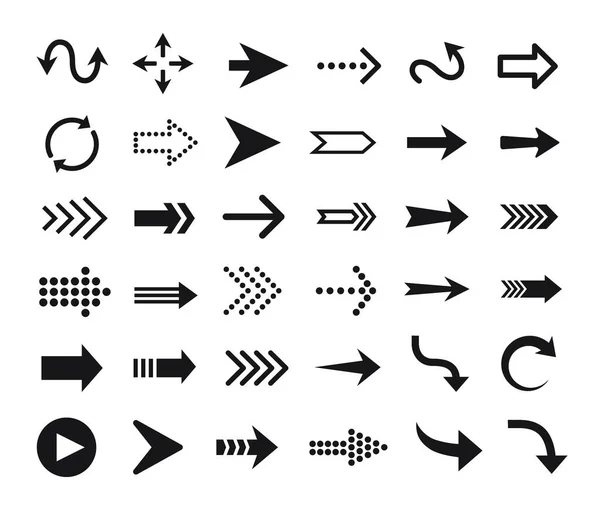 Pfeil-Symbol. Pfeile Piktogramme, Tasten, Web-Cursor, Zeiger. Hinauf, hinunter, nach rechts, nach links. Kurven und gerade Pfeile Symbolvektorset — Stockvektor