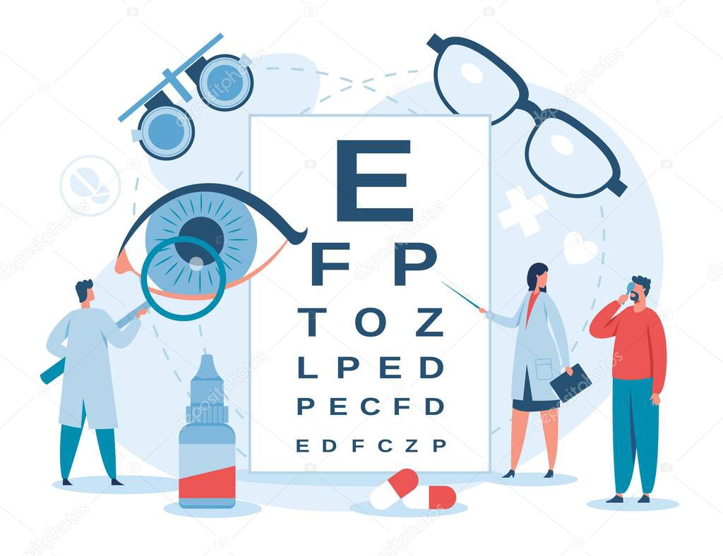Ophthalmology. Ophthalmologist checking patient eyesight. Myopia diagnostic and treatment. Eye and vision healthcare vector concept