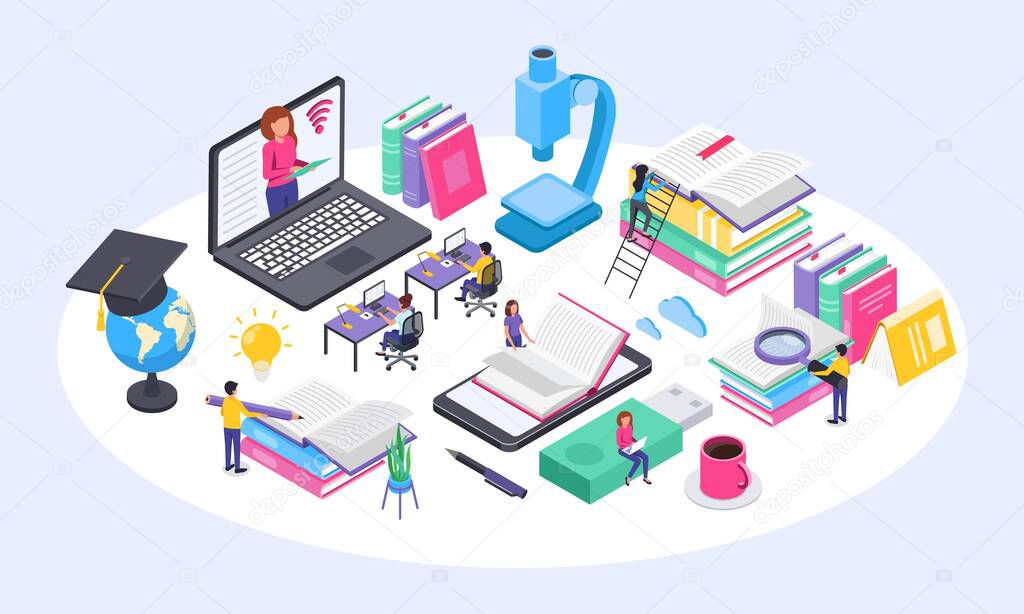 Online education concept. University students studying at home using computer. Isometric online courses, virtual learning vector illustration