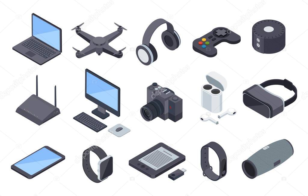 Isometric gadgets. Electronic wireless technology devices. Drone, headphones, smartwatch, vr headset, router. 3d technological device vector set