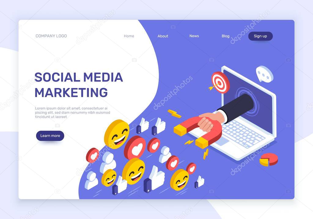 Social media marketing. Hand with magnet attracting likes and followers. Social network advertising and promotion vector landing page