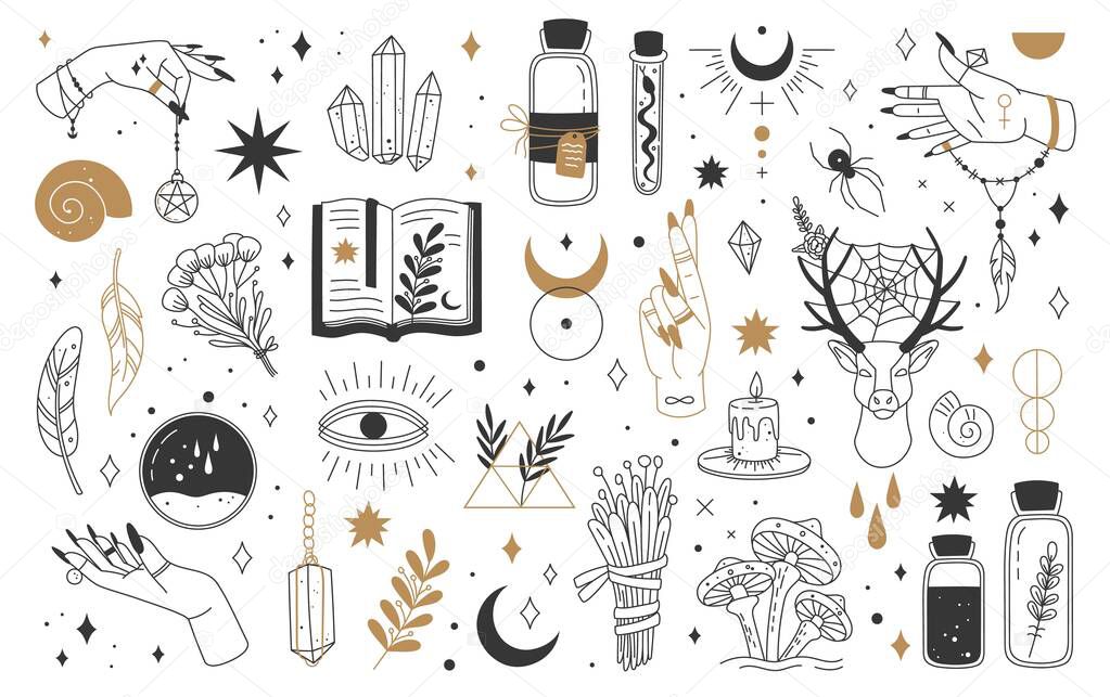 Mystic and esoteric elements. Moon, witch hands, crystals, potions, flowers. Mystical astrology, magic, witchcraft, occult symbols vector set