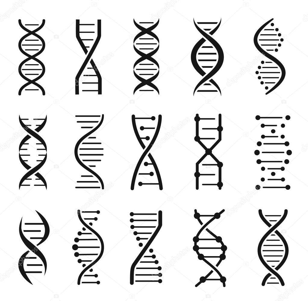 Dna molecule structure icons. Chromosome chain helix, genetic code logo. Biotechnology, medical science, gene strand silhouette icon vector set