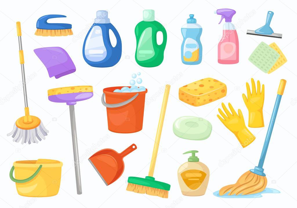 Cleaning tools. Napkin, bucket, broom, gloves, mop, detergent or disinfectant bottles. Household cleaning products and equipment vector set
