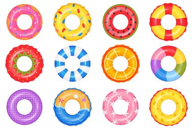 Şişme halka. Yüzme havuzu daire oyuncakları. Donut, gökkuşağı, karpuz, sahil şamandırası. Yaz yüzen yüzme halkaları üst görünüm vektörü kümesi