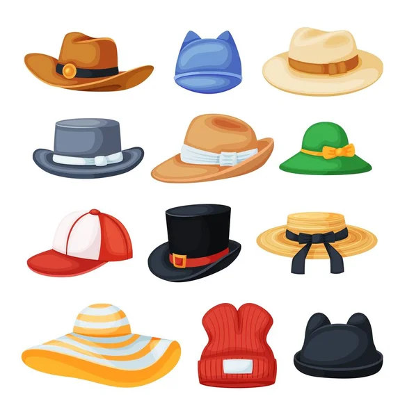 Rajzfilm fejfedő. Cowboy kalap, fedora, strandsapka, baseball sapka, fekete henger. Különböző típusú férfiak és nők stílusos kalap vektor készlet — Stock Vector