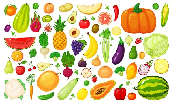 Καρτούν φρούτα και λαχανικά. Μπρόκολο, καρότο, λάχανο, παντζάρι, ακτινίδιο, βερίκοκο, μάνγκο. Νωπά βιολογικά λαχανικά, φέτες φρούτων διανυσματικά σετ — Διανυσματικό Αρχείο