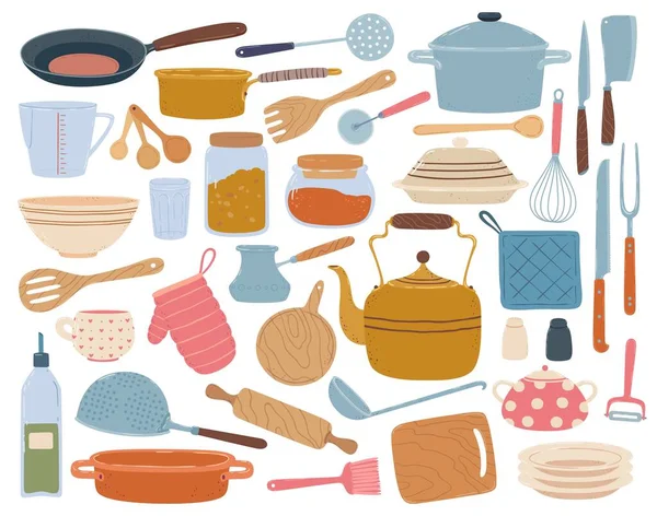 Herramientas de cocina. Espátula, cuchara, sartén, cuchillo, tazón, platos. Juegos de vectores de utensilios de cocina de dibujos animados planos, utensilios de cocina, cocina y equipo de hornear — Vector de stock