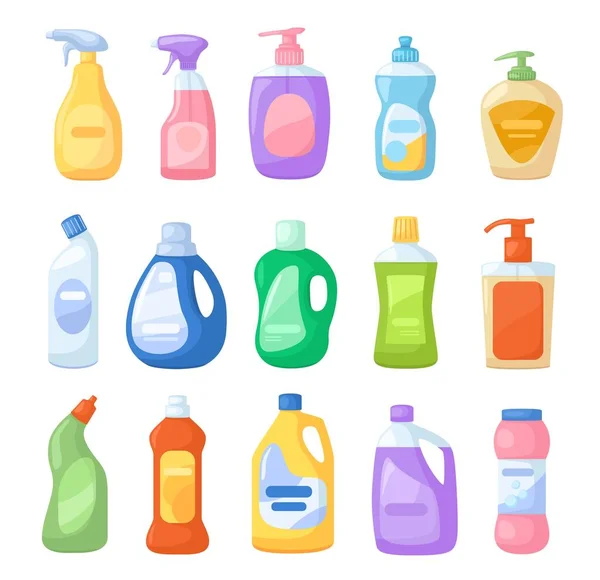 Φιάλη απορρυπαντικού κινουμένων σχεδίων. Καθαριστικό, χλωρίνη, απολυμαντικά, αντισηπτικό, υγρό σαπούνι. Προϊόντα απορρυπαντικών ψεκασμού για οικιακό καθαρισμό — Διανυσματικό Αρχείο