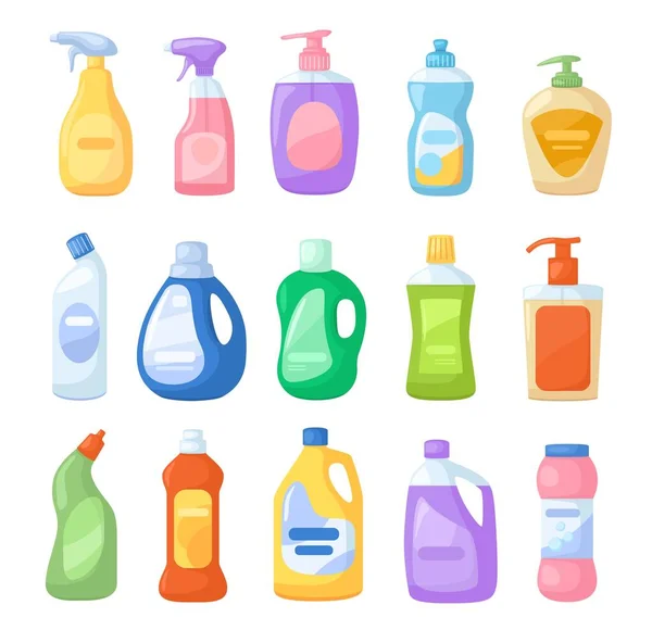 Bouteille de détergent pour dessin animé. Nettoyant, eau de Javel, désinfectants, antiseptique, savon liquide. Détergents pulvérisateurs produits pour le nettoyage à domicile ensemble vectoriel — Image vectorielle