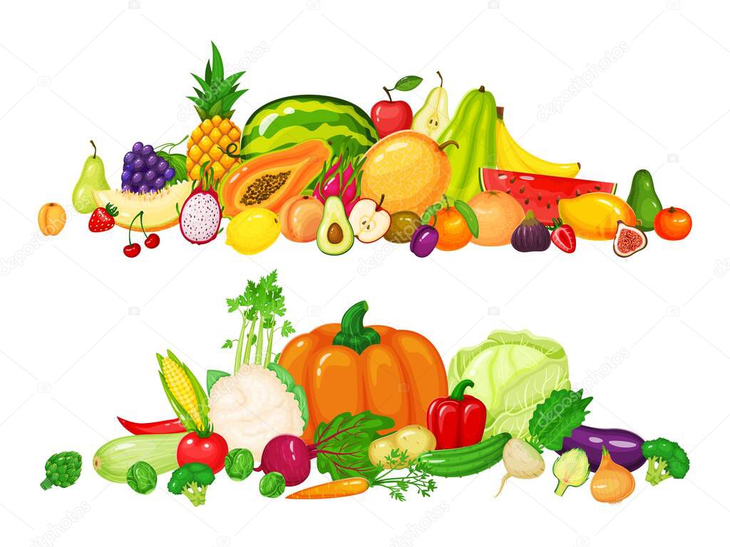 Fruit and vegetable piles. Apple, kiwi, cherry, apple, pepper, tomato, pumpkin, carrot, cabbage. Fresh organic fruits and vegetables vector set