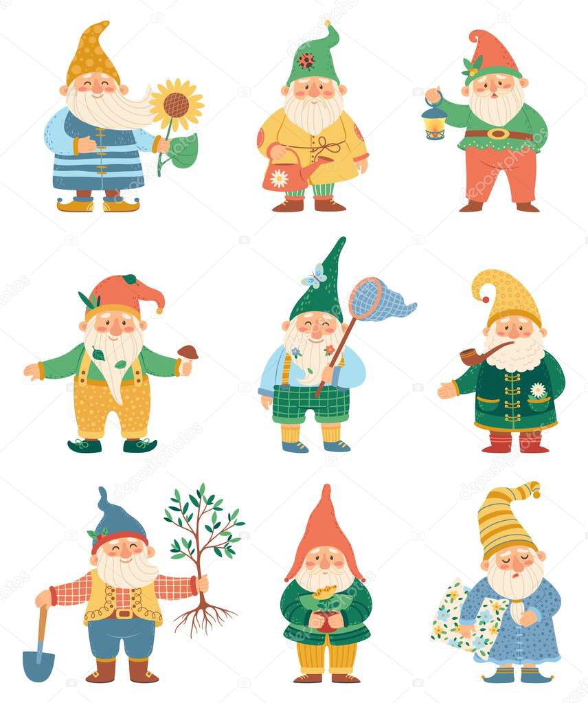 Cute gnome. Happy garden gnomes with watering can, shovel, flower. Fairytale dwarfs in hats. Flat cartoon fantasy elf dwarf character vector set