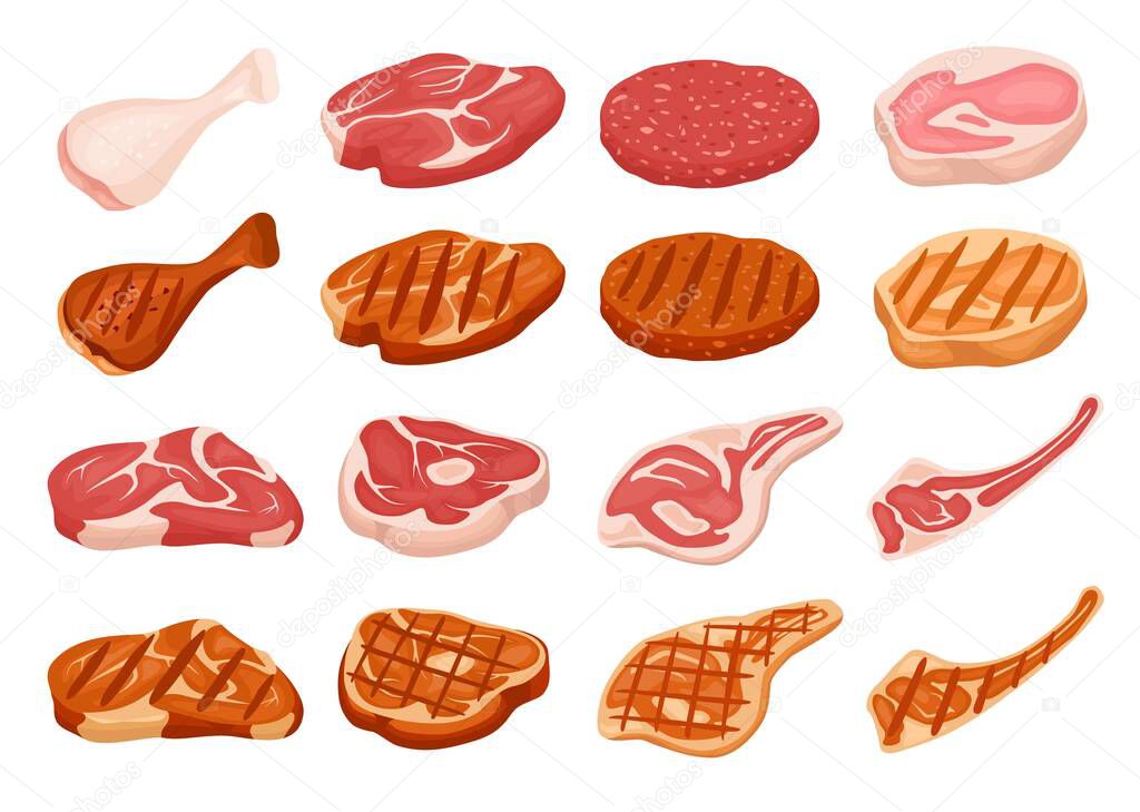 Fresh and grilled meat. Cartoon fried steak with grill marks. Chicken, pork, beef, burger patty. Raw, cooked and roasted meat vector set