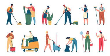Temizlik işçileri. Profesyonel temizlik ofisi ya da ekipmanlı bir ev. Oda servisi, temizlikçi, hademe vektörü seti
