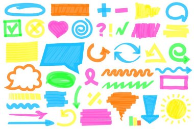 İşaretleyici vuruşlar. Renkli fosforlu kalemler karalıyor. Renk Vurgulayıcıları kalem karalamaları, çerçeveler, satırlar, kontrol işaretleri Vektör kümesi