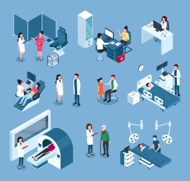 Isometric hastane çalışanları. Doktorlar, tıbbi ekipmanlı cerrahlar. Doktor hastayı muayene ediyor. Sağlık personeli ve hasta vektörü seti