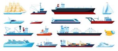 Düz deniz taşımacılığı. Sürat tekneleri, yatlar, gemi gezileri, balıkçı gemileri, denizaltılar. Konteynırları olan bir kargo gemisi. Deniz taşımacılığı vektörü ayarlandı