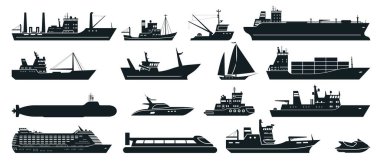Gemilerin silueti. Nakliye konteynerli kargo gemisi, turist yolcu gemisi, ticari balıkçı teknesi, yat. Su taşıma vektörü ayarlandı