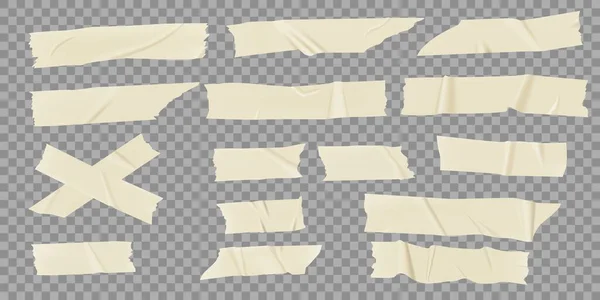 Papierklebebänder. Realistische Maskierungsstreifen. Alter faltiger, klebriger Streifen, Scotch mit gerissenen Kanten auf transparentem Vektor-Set — Stockvektor