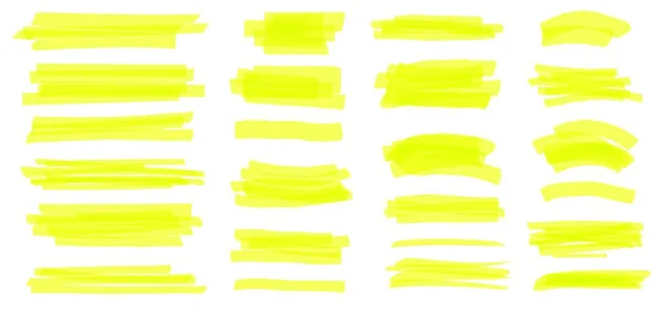 Linha de Destaque. Traços de marcadores amarelos, linhas, quadros. Destaques desenhados à mão canetas scribble, destaque de texto ou conjunto vetorial sublinhado — Vetor de Stock