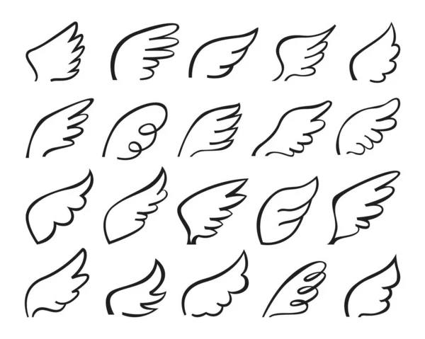 Doodle alas. Flying angelic wing logo, dibujo estilizado del contorno del tatuaje de las plumas del ángel del boceto. Ala de ave dibujado a mano garabatos vector conjunto — Vector de stock