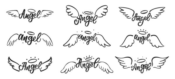Ręcznie rysowane anielskie skrzydła bazgroły. Święty anielski tatuaż z anielskimi piórami. Magiczne skrzydełka ptaków z zestawem wektorów zarysu aureoli — Wektor stockowy