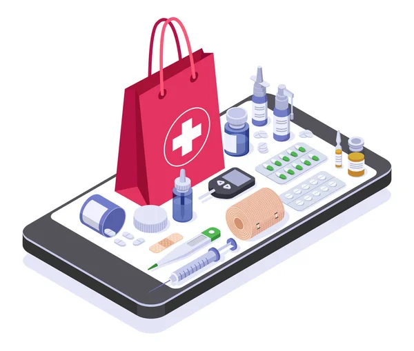 온라인 약국같은 곳이요. 의료 제품이나 장비들 이 스마트폰 화면에 있습니다. 약을 온라인으로 구입하는 것, 의약품 전달 벡터 개념 — 스톡 벡터