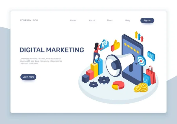 Isometrische digitale marketing. Social media reclame concept met luidspreker, smartphone, grafieken. Online marketing strategieën vector landing page — Stockvector