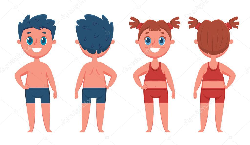 Boy and girl. Happy kids from front and back views. Cartoon children in underwear or swimsuit. Child human body template for education vector set