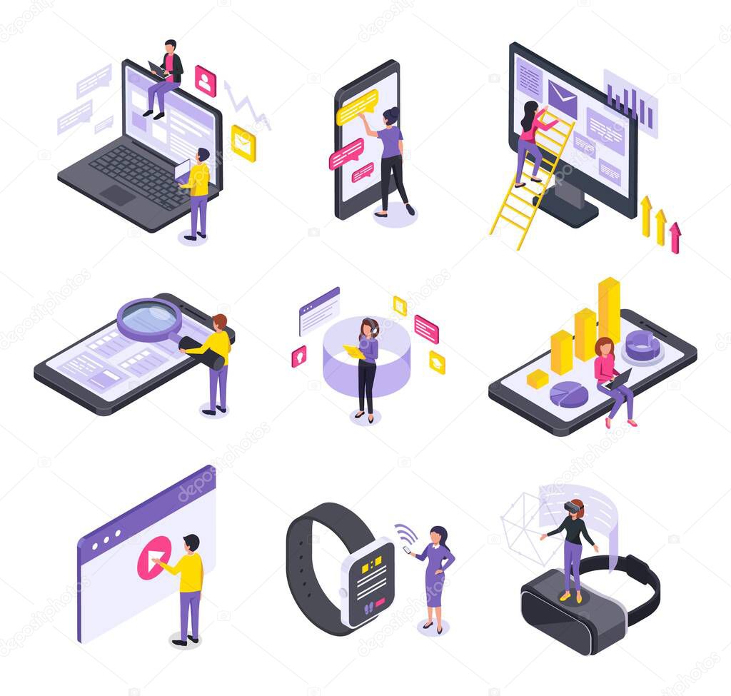 Isometric user interface. People interacting with devices screen. Mobile application, software development, vr technology vector concept set