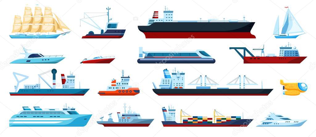 Flat sea transports. Speed boats, yachts, cruise, fishing ships, submarine. Cargo ship with shipping containers. Maritime transport vector set